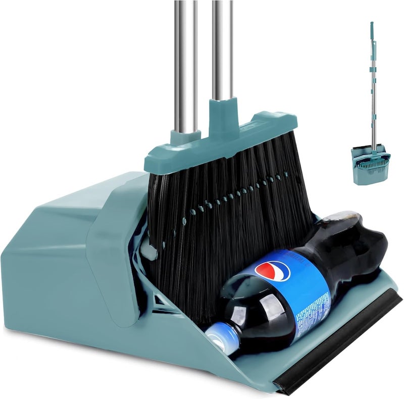 Tiumso Upgrade Broom and Dustpan Set, Broom with Dustpan Combo Sets, Large Brooms and Dust Pan with Handle, Self-Cleaning Dust Pans, Heavy Duty Broom and Dustpans Set for Lobby Kitchen Office - Green - Image 1
